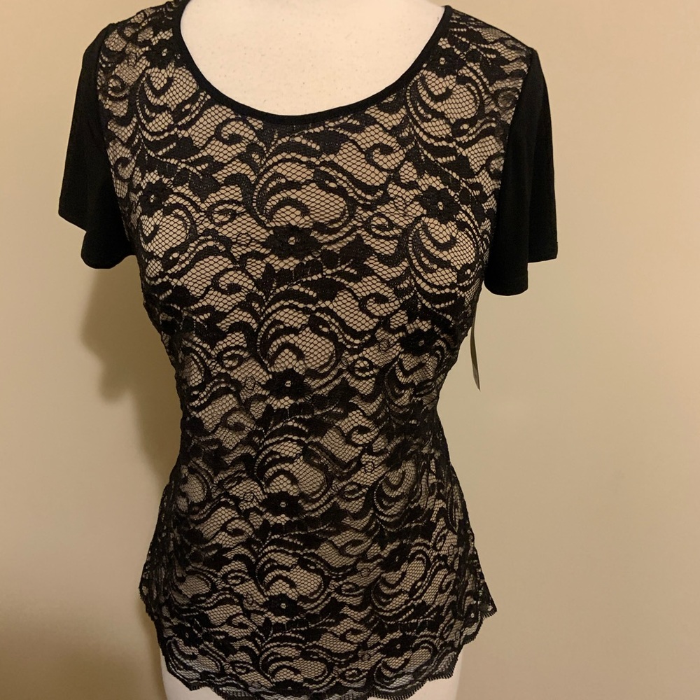 New nude with black lace top